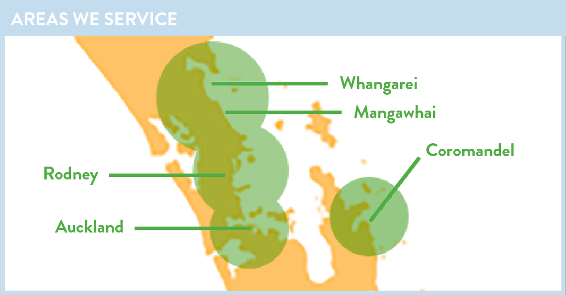 Map of HPPI Inspection Servicing Areas Across Whangarei, Mangawhai, Rodney, Auckland and Coromandel